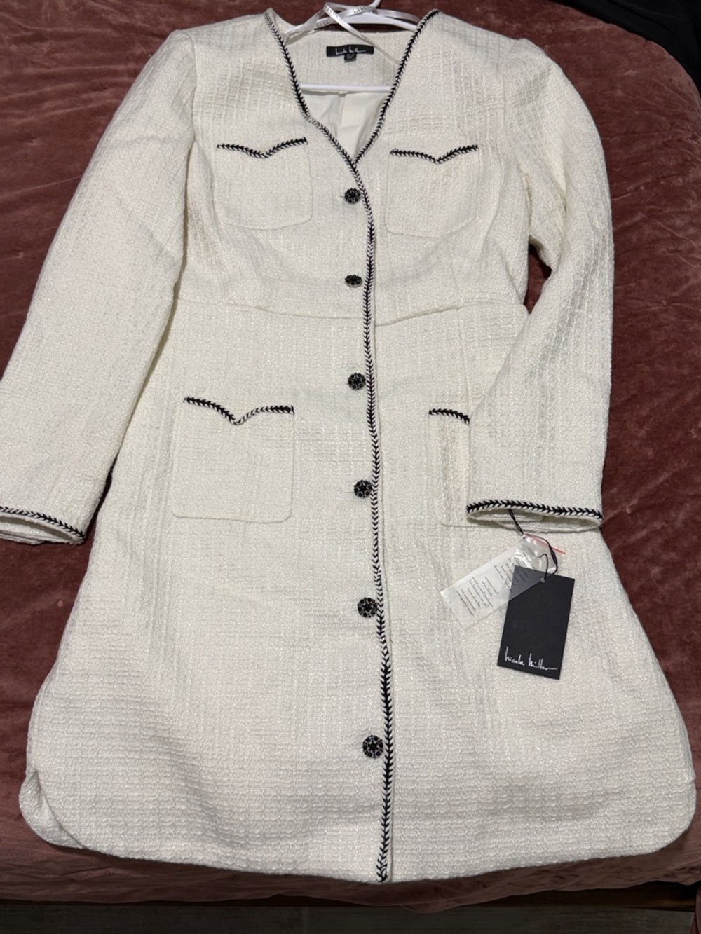 Nicole Miller Tweed white with Black Trim Dress